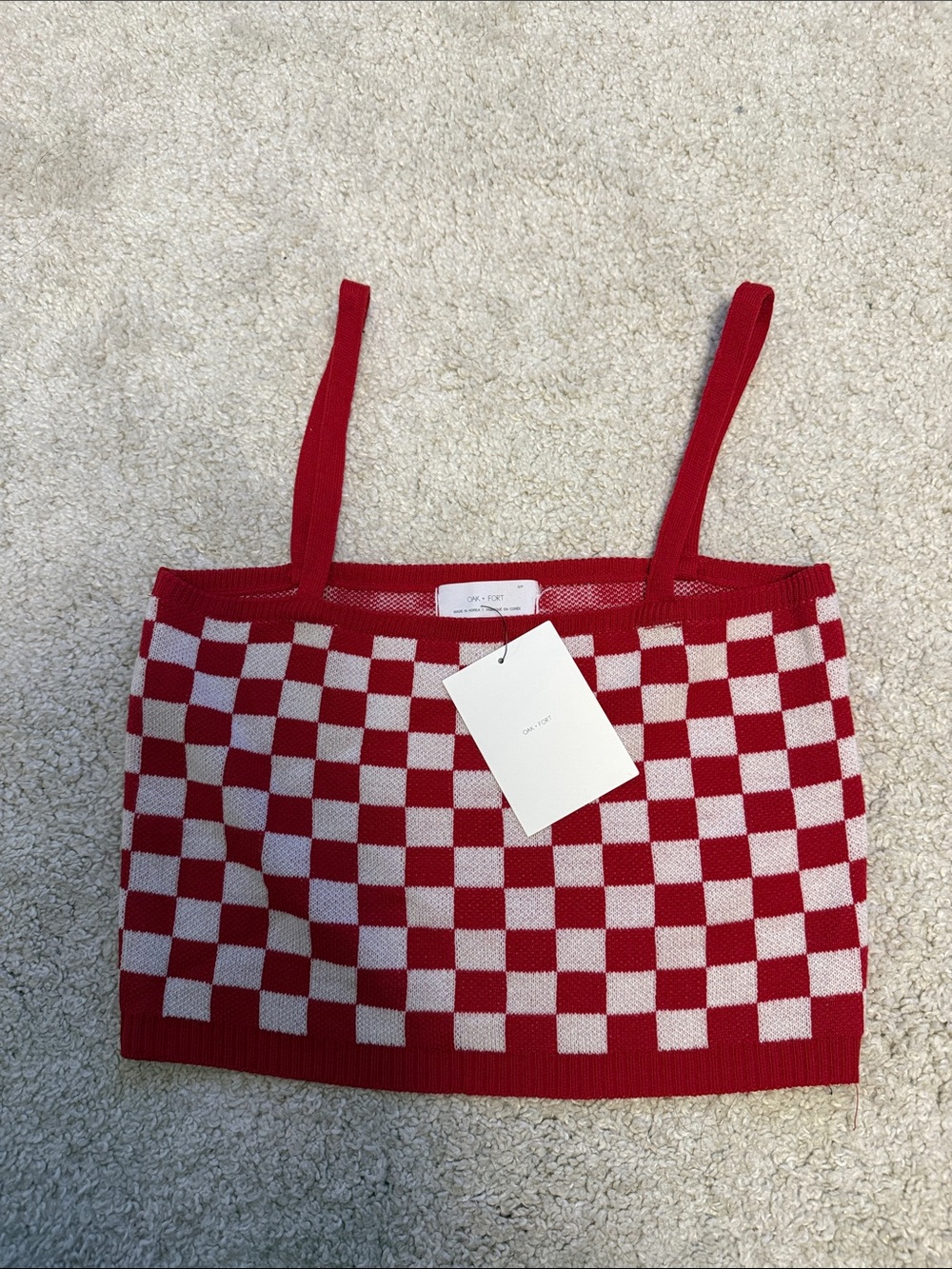 OAK + FORT Red and White Checker Knit Crop Tank